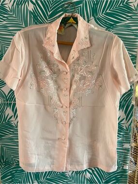 Vintage Embroidered Pink Satin Women's Blouse Sz 38 by Rose Brand